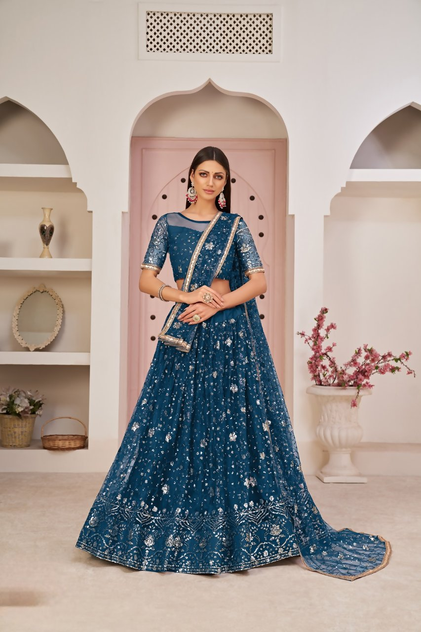 Eilara Blue Net Thread With Zari Sandwich Sequins Embroidered Work Lehenga Choli