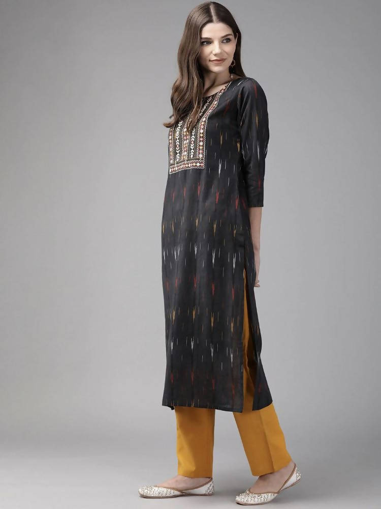 Yufta Black Pure Cotton Ikat Design Kurta with Palazzo & Dupatta