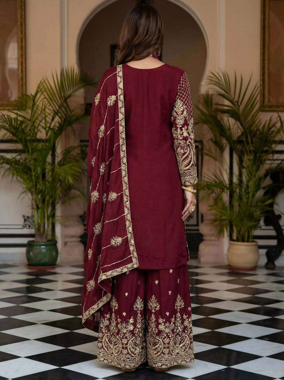 Teeya Creation Maroon Chinon Silk Designer Wedding Wear Embroidery Work Palazzo - Distacart