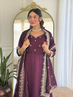The52 Wine Women's Gorgeous Vichitra Silk Fabric Embroidered Work Flared Anarkali Pant and Dupatta Set - Distacart