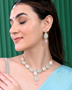 VOJ Gold-Polished Nude Pink And Mint Green Stone Studded Jewellery Set With Maang Tikka