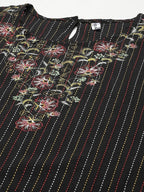 Yufta Women Black Yoke Design Kantha Work Floral Kurta