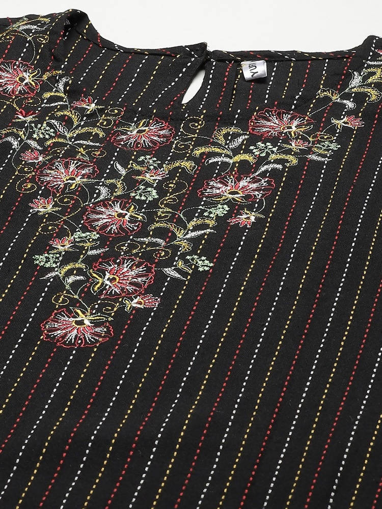 Yufta Women Black Yoke Design Kantha Work Floral Kurta