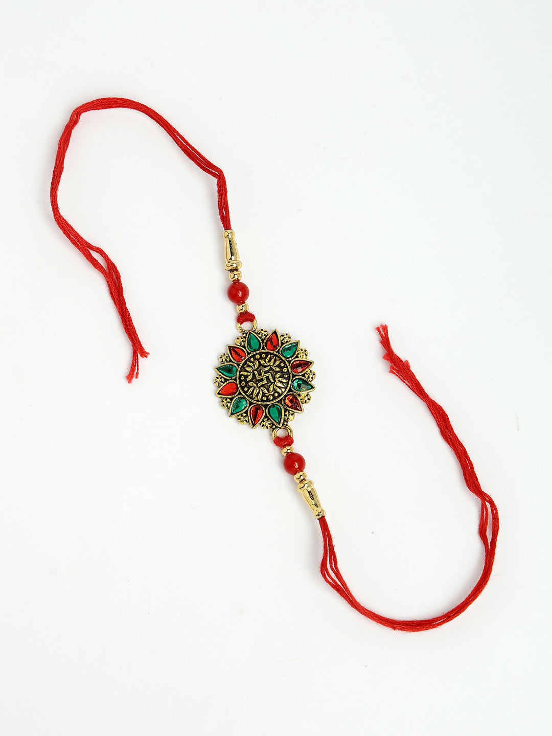 NVR Men Red & Gold-Toned Stone-Studded Rakhi With Roli Chawal & Chocolate - Distacart