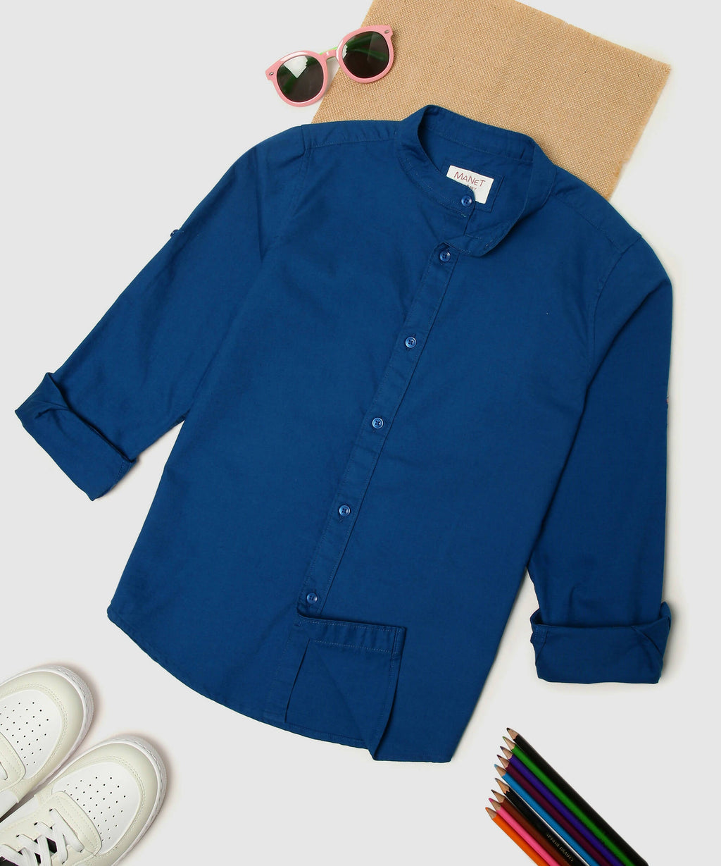 Manet Boys Mandarin Collar Full Sleeves Solid Shirt -Blue