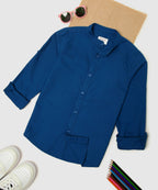 Manet Boys Mandarin Collar Full Sleeves Solid Shirt -Blue
