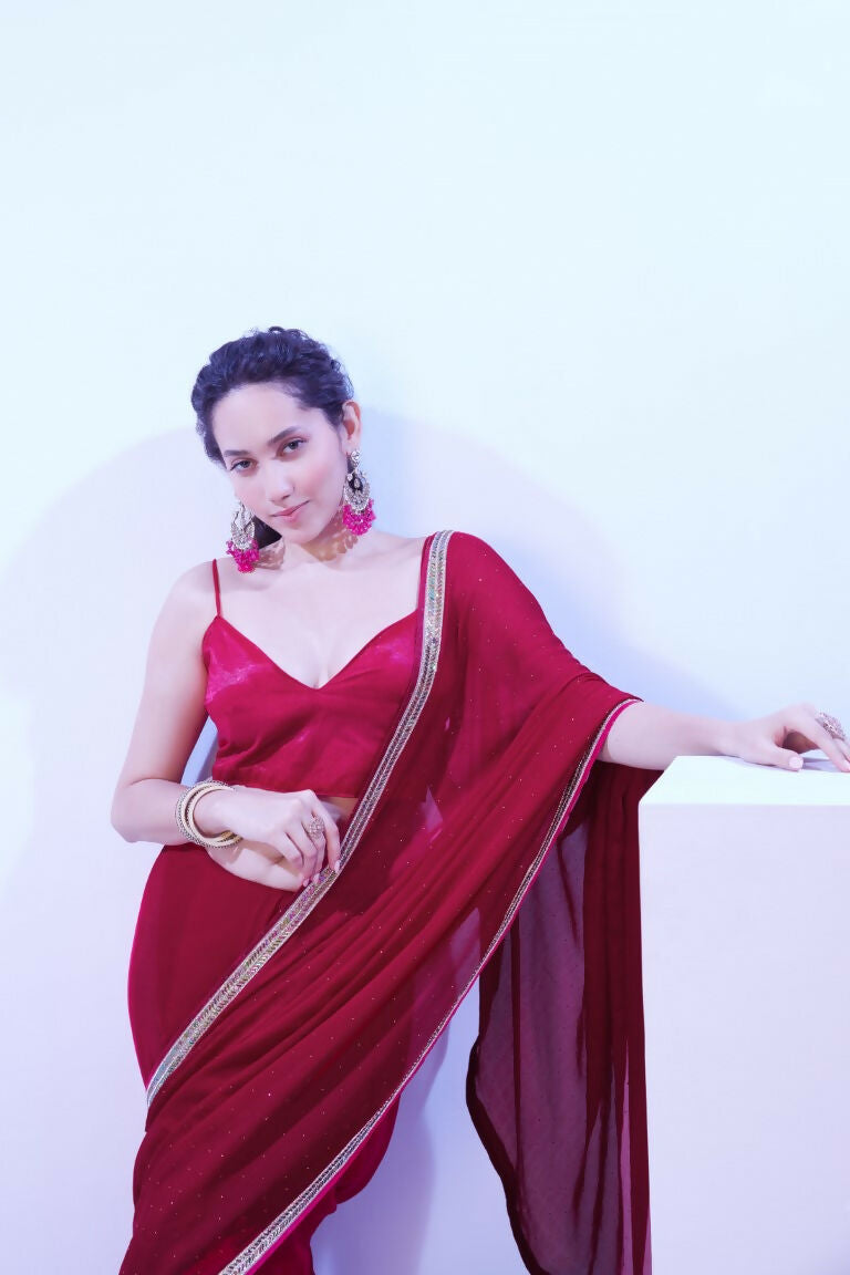 Pink Satin Moss Solid Designer & Lace Work Saree - Samaa