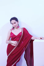 Pink Satin Moss Solid Designer & Lace Work Saree - Samaa