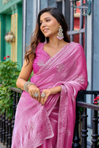 Vastranavya Baby Pink Embroidery Work Shimmer Chiffon Saree with Unstitched Blouse - Distacart