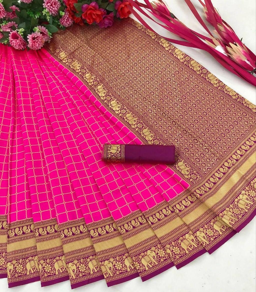 DEIANA'S Beautiful Designer Golden zari Soft Lichi Silk Saree - Pink