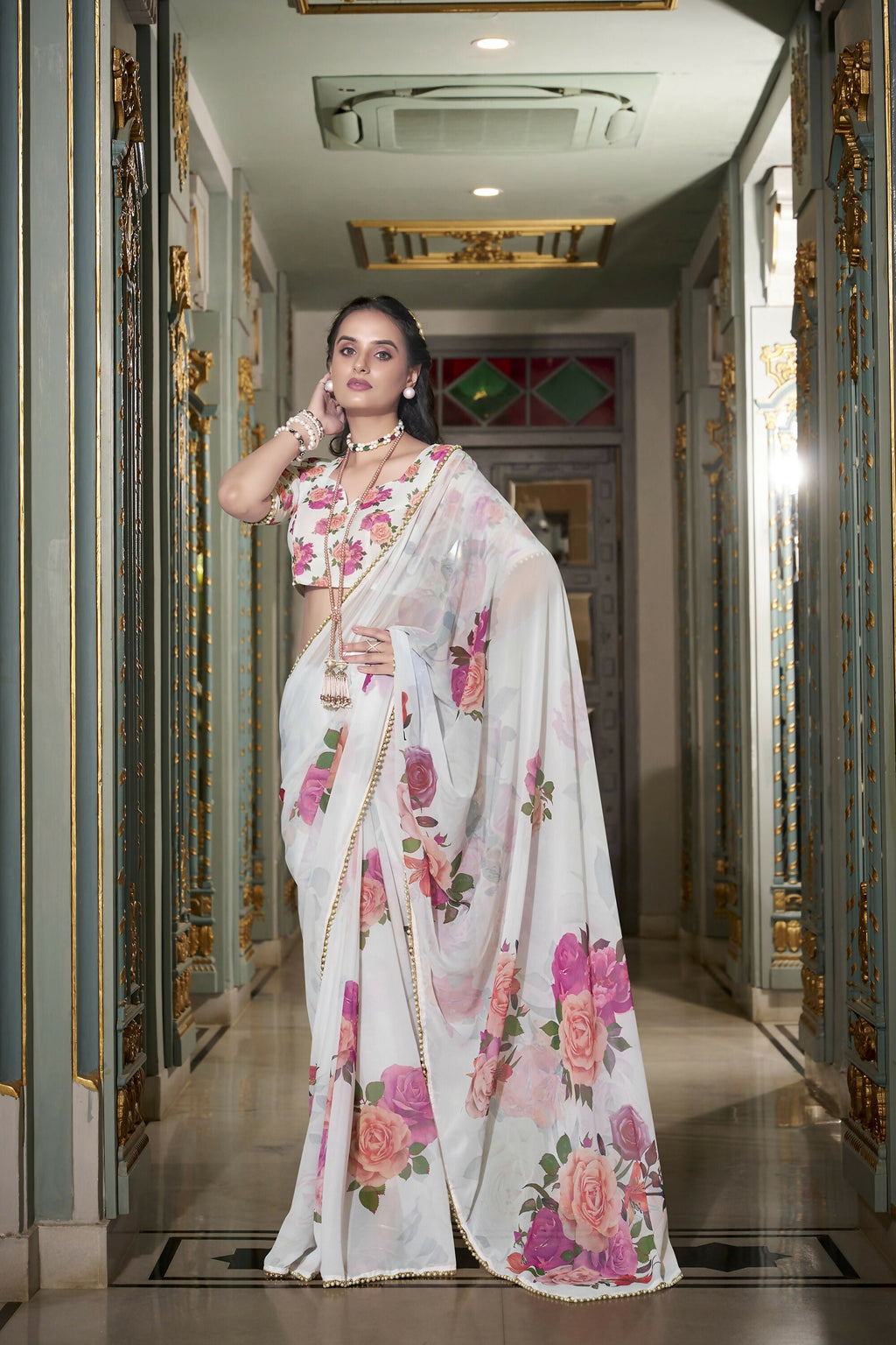 Vastranavya White Spectacular Georgette Printed with Pearl Lace Saree with Unstitched Blouse - Distacart