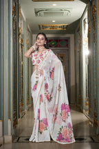 Vastranavya White Spectacular Georgette Printed with Pearl Lace Saree with Unstitched Blouse - Distacart