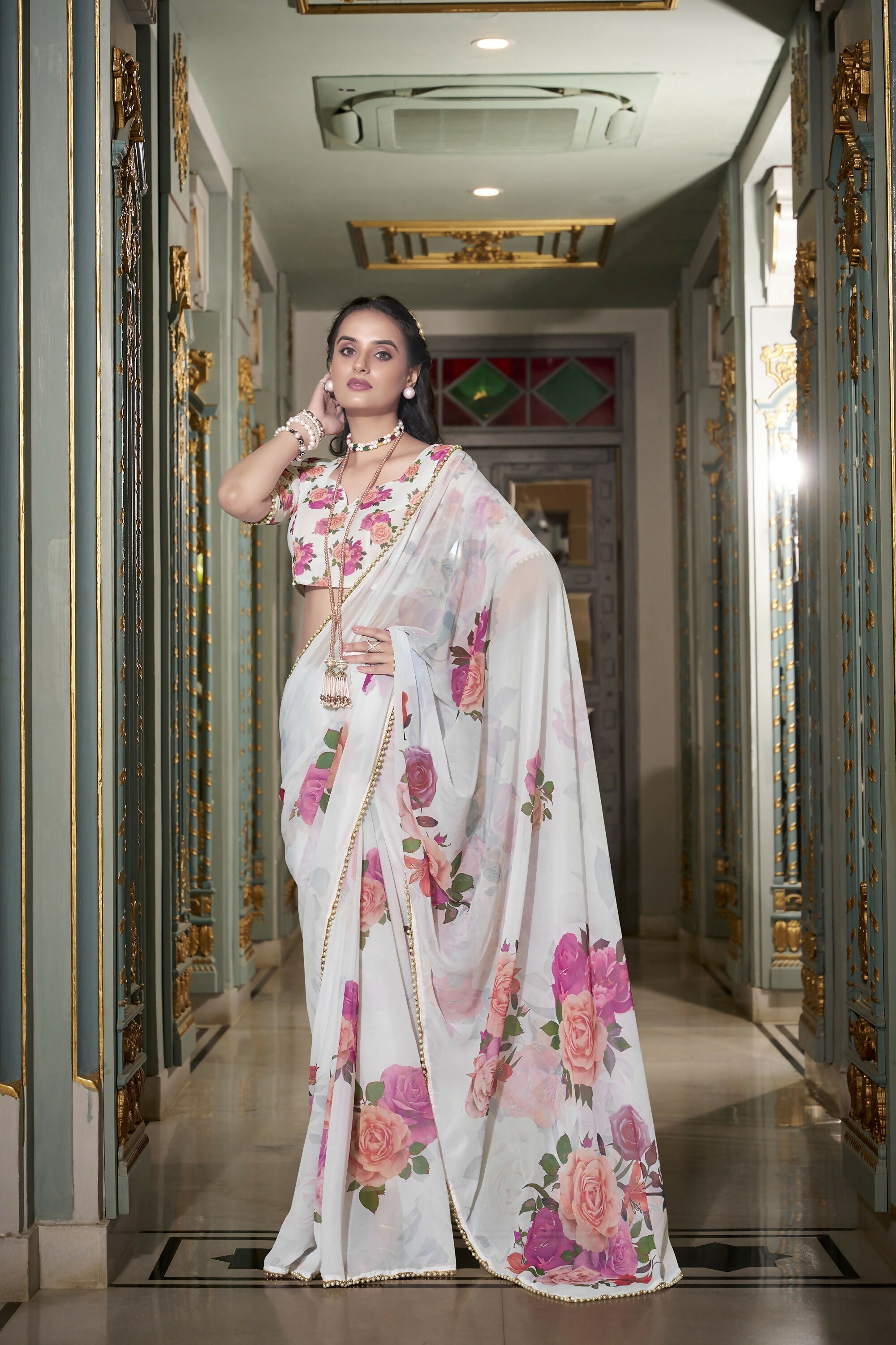 Vastranavya White Spectacular Georgette Printed with Pearl Lace Saree with Unstitched Blouse - Distacart