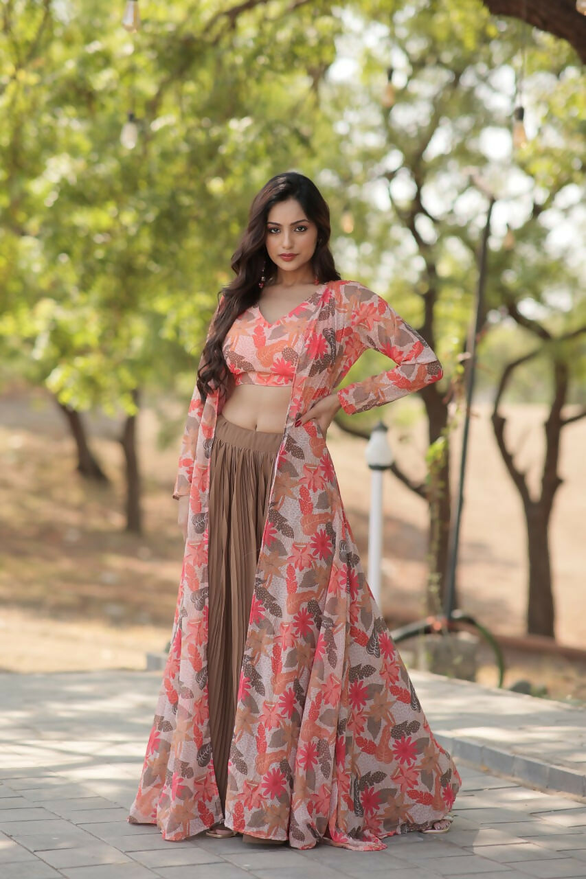 Vastranavya Latest Fancy Party Wear Lehenga Choli With Shrug - Peach