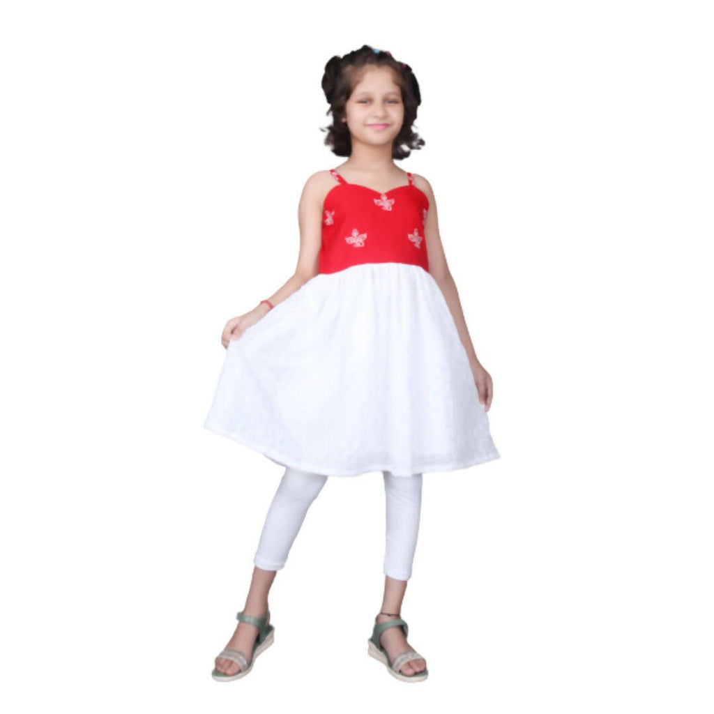 Akarshan Pure Cotton Frock Style Kurti with Leggings Set - Red & White