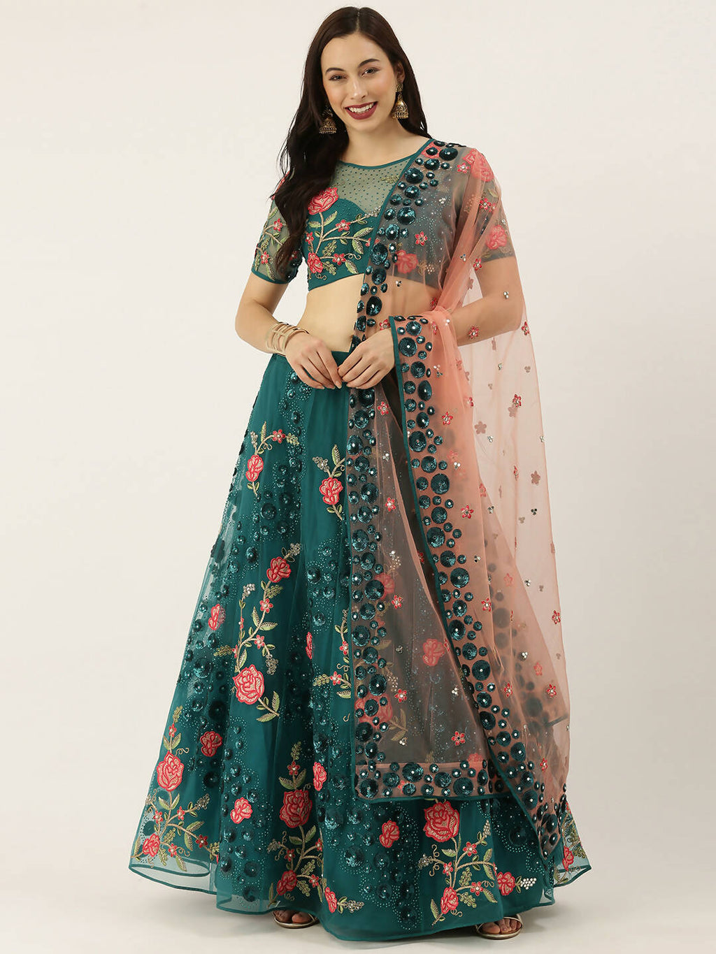 House of Panchhi Teal Net Semi stitched Coding, Sequins and Saroski Stone Work Lehenga Choli