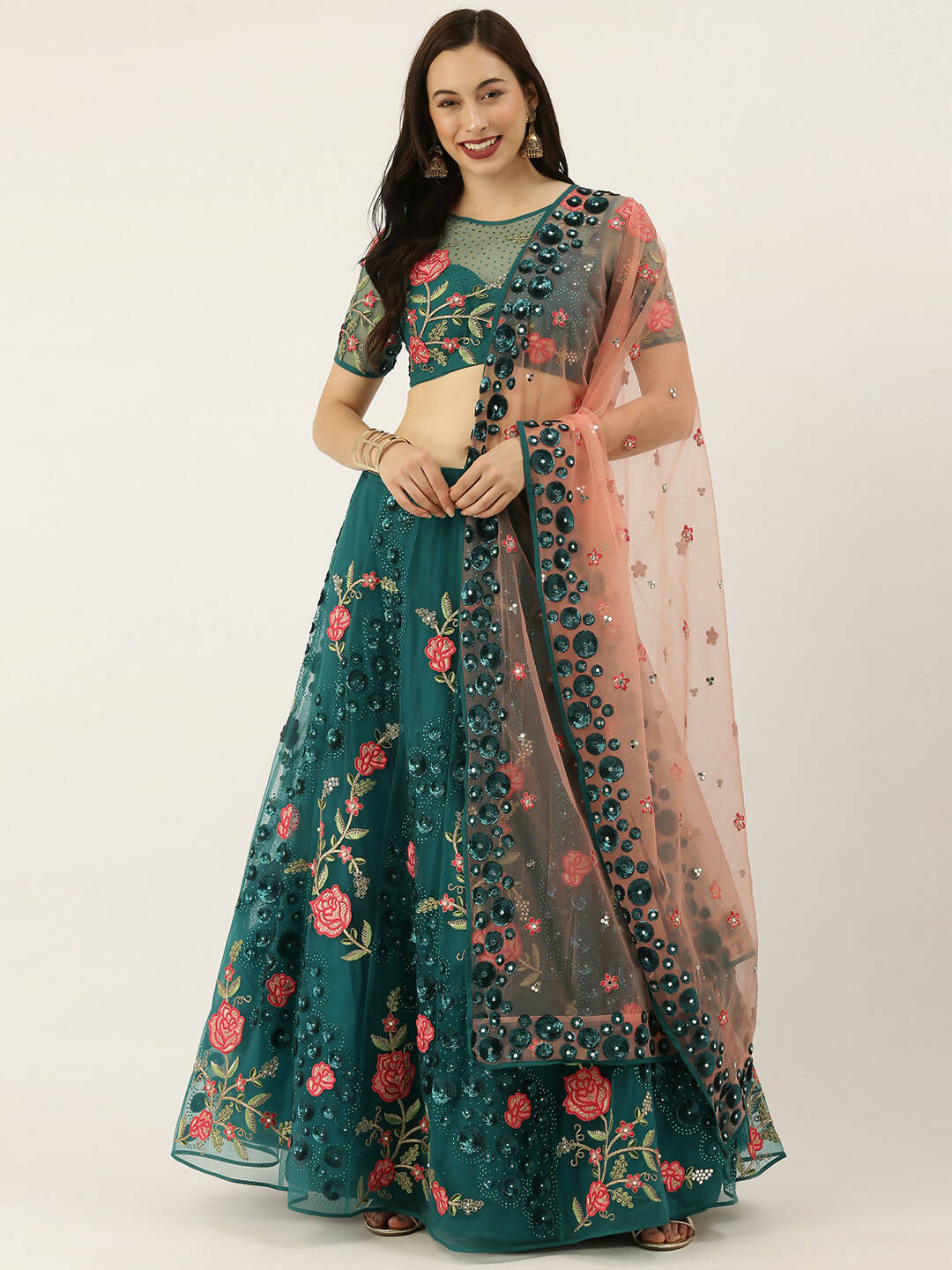 House of Panchhi Teal Net Semi stitched Coding, Sequins and Saroski Stone Work Lehenga Choli