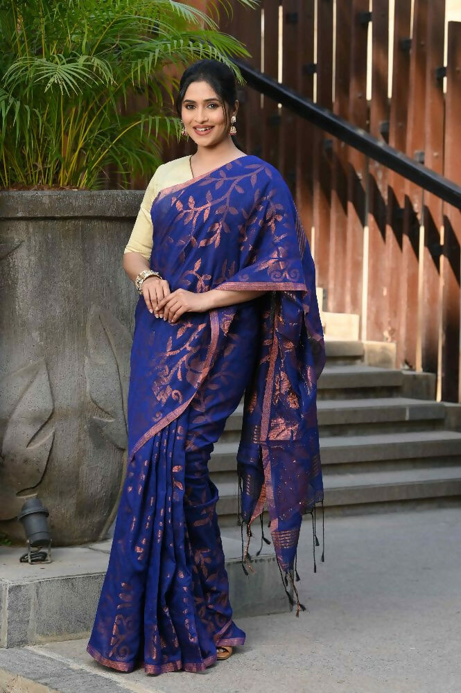 Beatitude Blue Cotton Floral Jamdani Saree