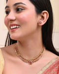 VOJ Gold-Polished Flower Shaped Ruby Stone Studded Jewellery Set