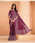 Maroon Satin Crepe Silk Embroidery with Digital Sequence Work Saree - Norita Helly