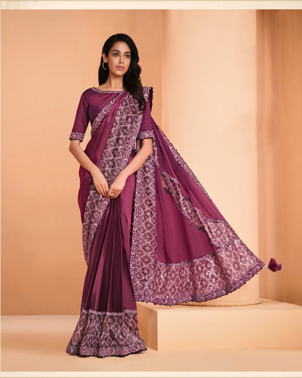 Maroon Satin Crepe Silk Embroidery with Digital Sequence Work Saree - Norita Helly