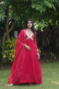 Jyoti Fashion Women's Rani Pink Faux Blooming Sequins Zari Embroidered Anarkali Dress with Dupatta