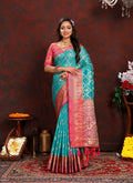 Lorenvalley Fashion Firozi Organza Silk Woven Design with Rich Meenakari Weaving Pallu Saree