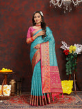 Lorenvalley Fashion Firozi Organza Silk Woven Design with Rich Meenakari Weaving Pallu Saree