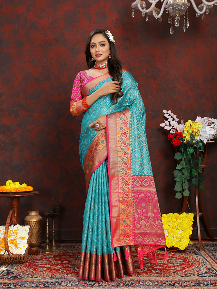 Lorenvalley Fashion Firozi Organza Silk Woven Design with Rich Meenakari Weaving Pallu Saree