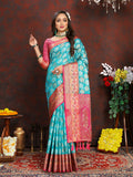 Lorenvalley Fashion Firozi Organza Silk Woven Design with Rich Meenakari Weaving Pallu Saree