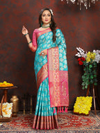Lorenvalley Fashion Firozi Organza Silk Woven Design with Rich Meenakari Weaving Pallu Saree