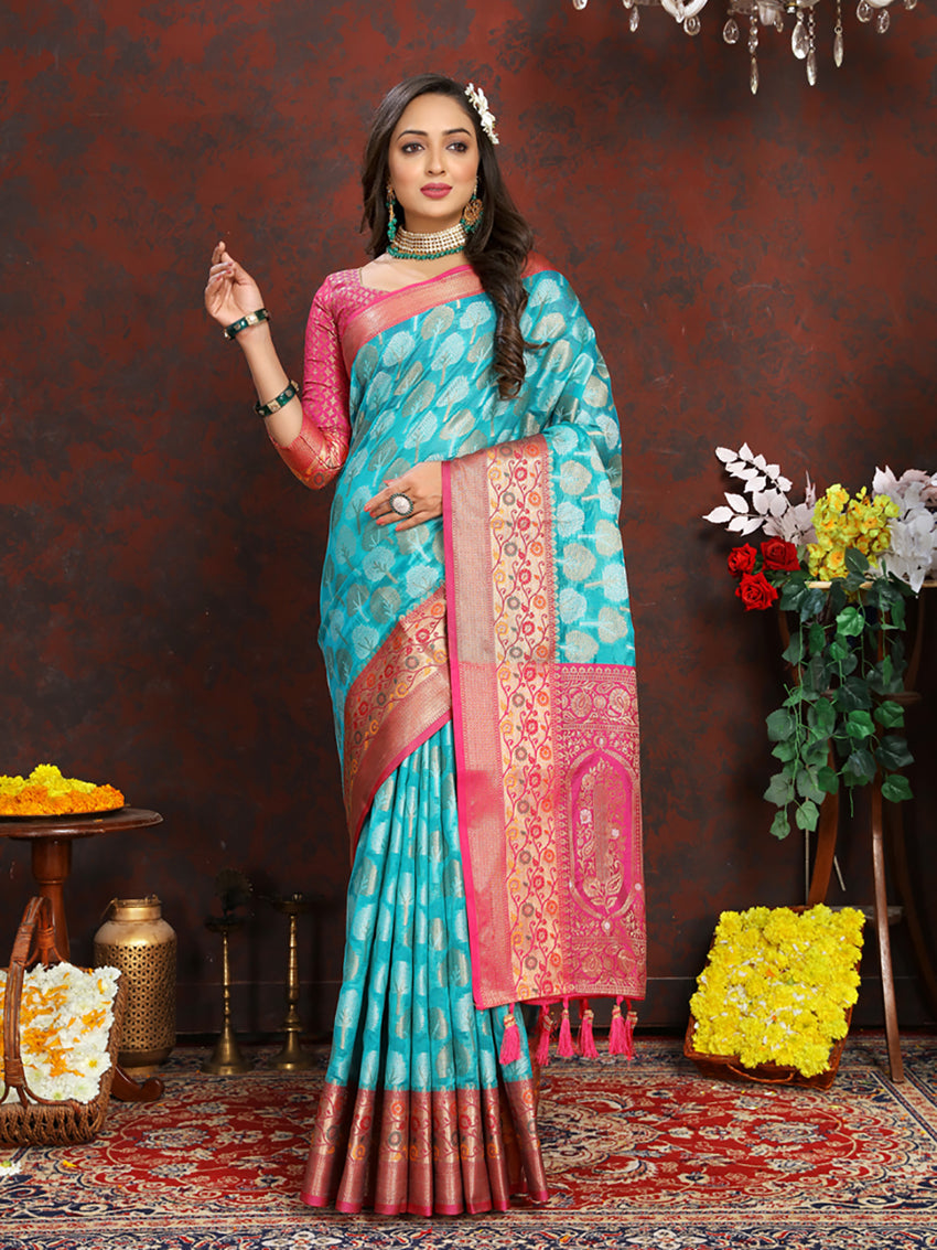 Lorenvalley Fashion Firozi Organza Silk Woven Design with Rich Meenakari Weaving Pallu Saree