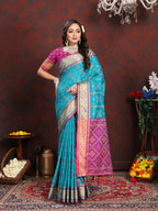 Lorenvalley Fashion Firozi Patola Silk Woven Design with Zari Meenakari Weaving motifs motifs Pallu Saree