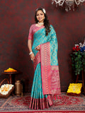 Lorenvalley Fashion Firozi Organza Silk Woven Design with Rich Meenakari Weaving Pallu Saree