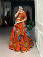 Lorenvalley Firozi Rayon and Printed Silk with Plain And Printed With Original Mirror Gamthi Work And Gamthi Patch Work Lehenga Choli