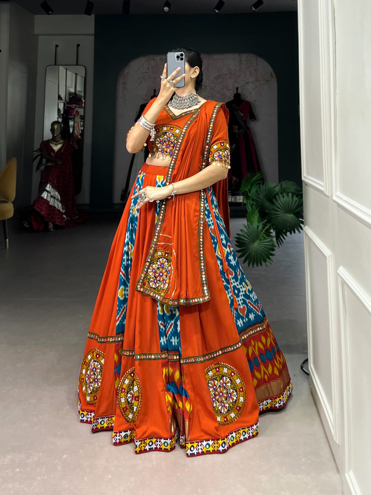 Lorenvalley Firozi Rayon and Printed Silk with Plain And Printed With Original Mirror Gamthi Work And Gamthi Patch Work Lehenga Choli