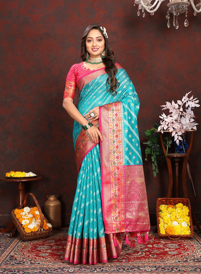 Lorenvalley Fashion Firozi Organza Silk Woven Design with Rich Meenakari Weaving Pallu Saree