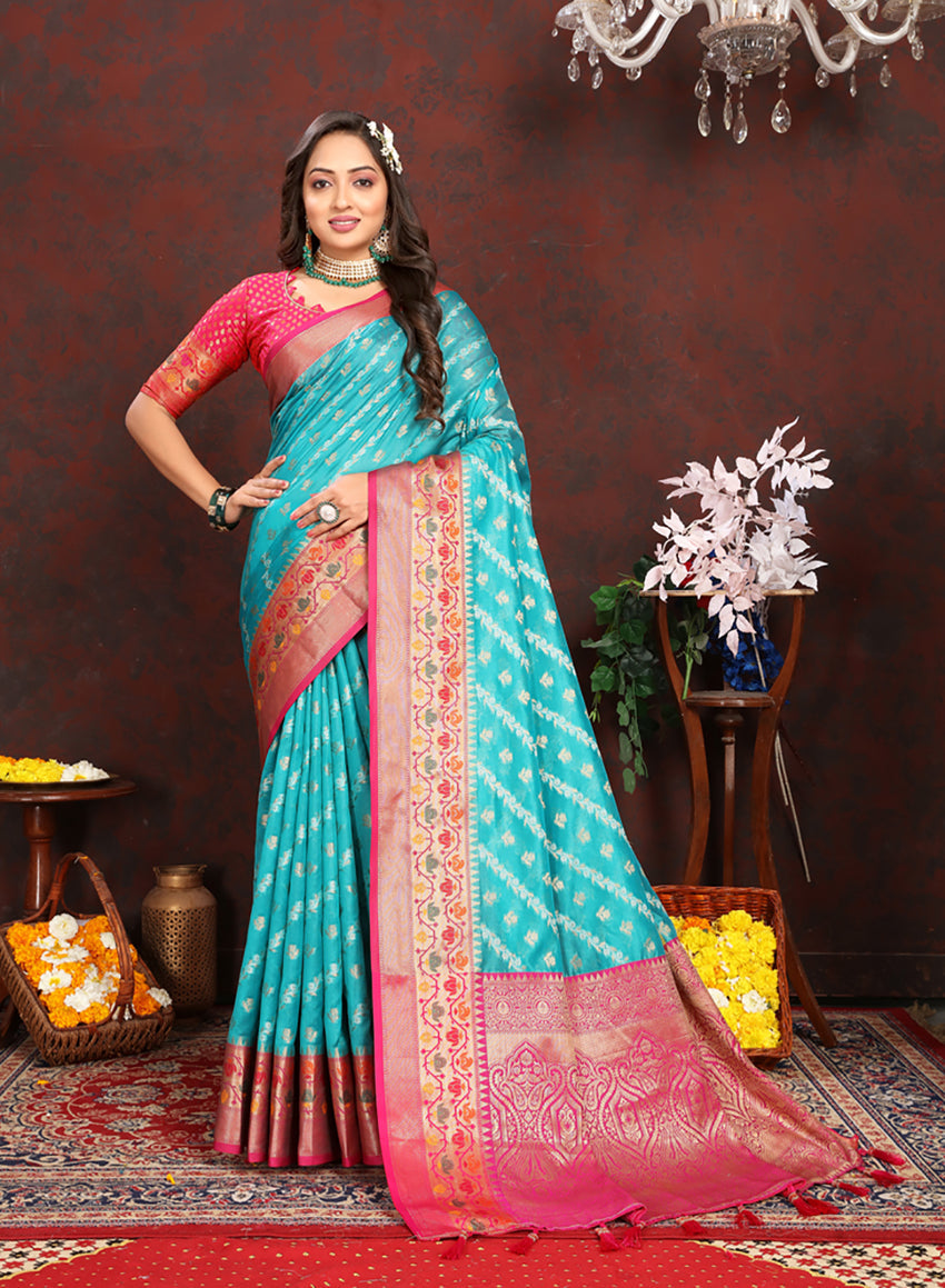 Lorenvalley Fashion Firozi Organza Silk Woven Design with Rich Meenakari Weaving Pallu Saree