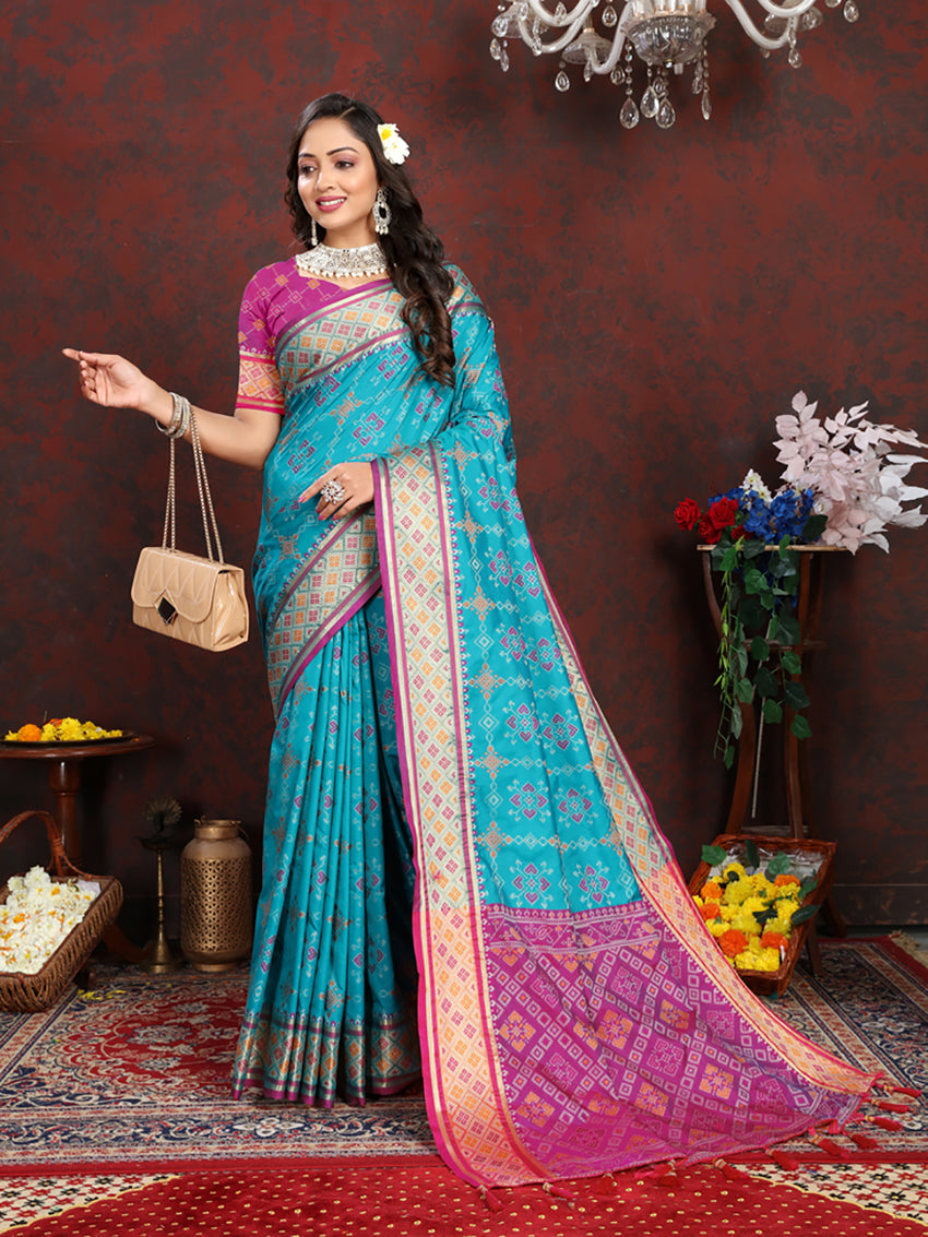 Lorenvalley Fashion Firozi Patola Silk Woven Design with Zari Meenakari Weaving motifs motifs Pallu Saree