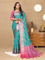 Lorenvalley Fashion Firozi Patola Silk Woven Design with Zari Meenakari Weaving motifs motifs Pallu Saree
