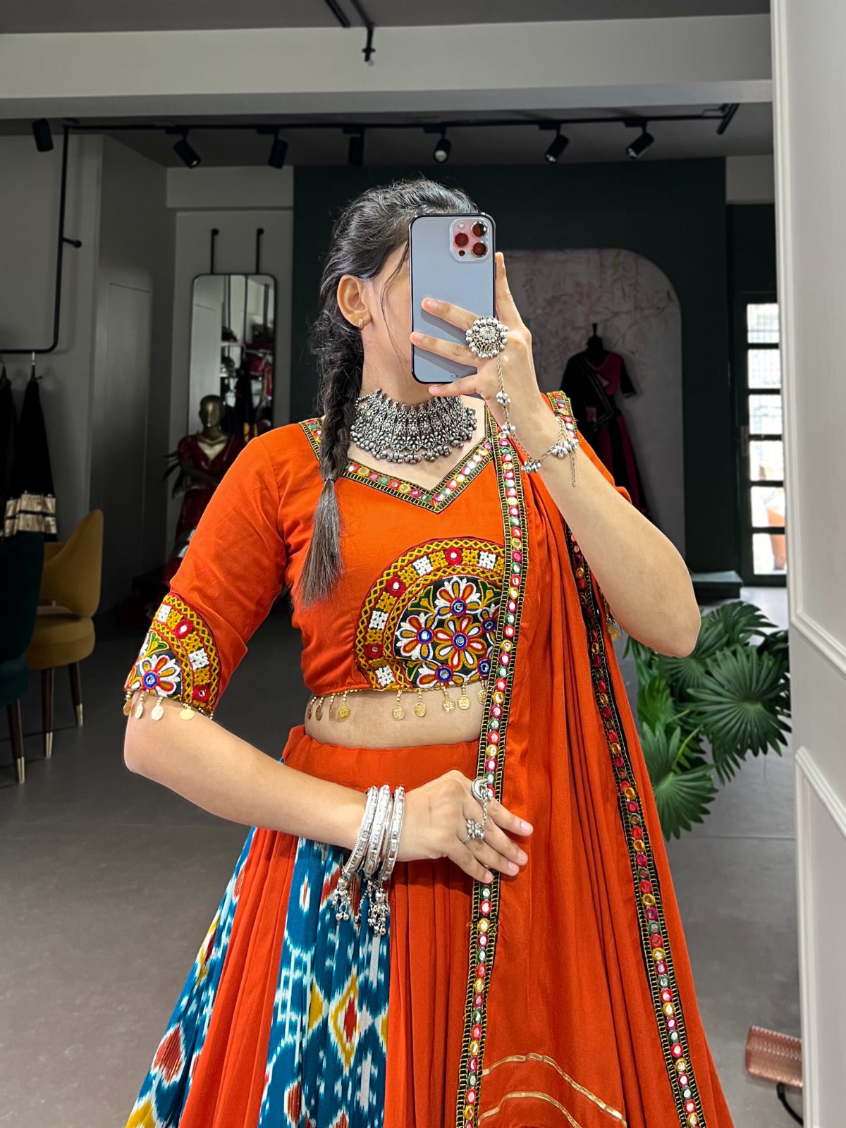 Lorenvalley Firozi Rayon and Printed Silk with Plain And Printed With Original Mirror Gamthi Work And Gamthi Patch Work Lehenga Choli
