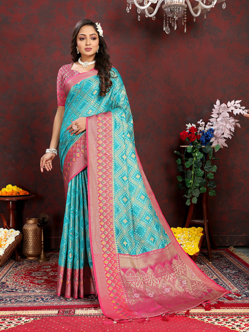 Lorenvalley Fashion Firozi Organza Silk Woven Design with Rich Meenakari Weaving Pallu Saree