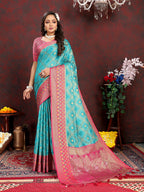 Lorenvalley Fashion Firozi Organza Silk Woven Design with Rich Meenakari Weaving Pallu Saree
