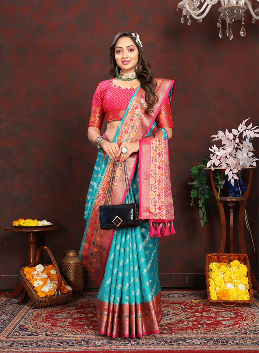 Lorenvalley Fashion Firozi Organza Silk Woven Design with Rich Meenakari Weaving Pallu Saree