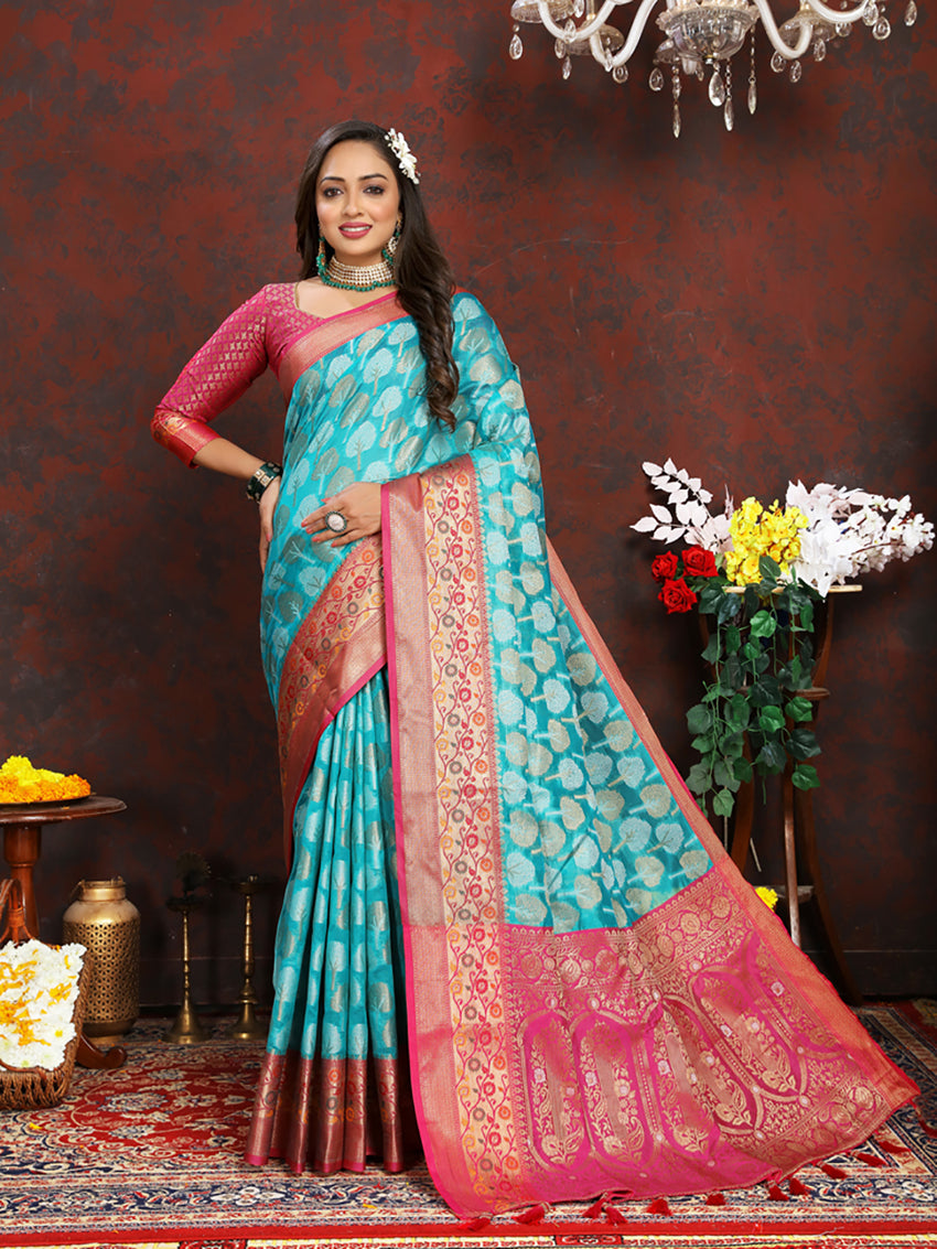 Lorenvalley Fashion Firozi Organza Silk Woven Design with Rich Meenakari Weaving Pallu Saree