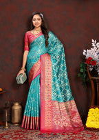 Lorenvalley Fashion Firozi Organza Silk Woven Design with Rich Meenakari Weaving Pallu Saree