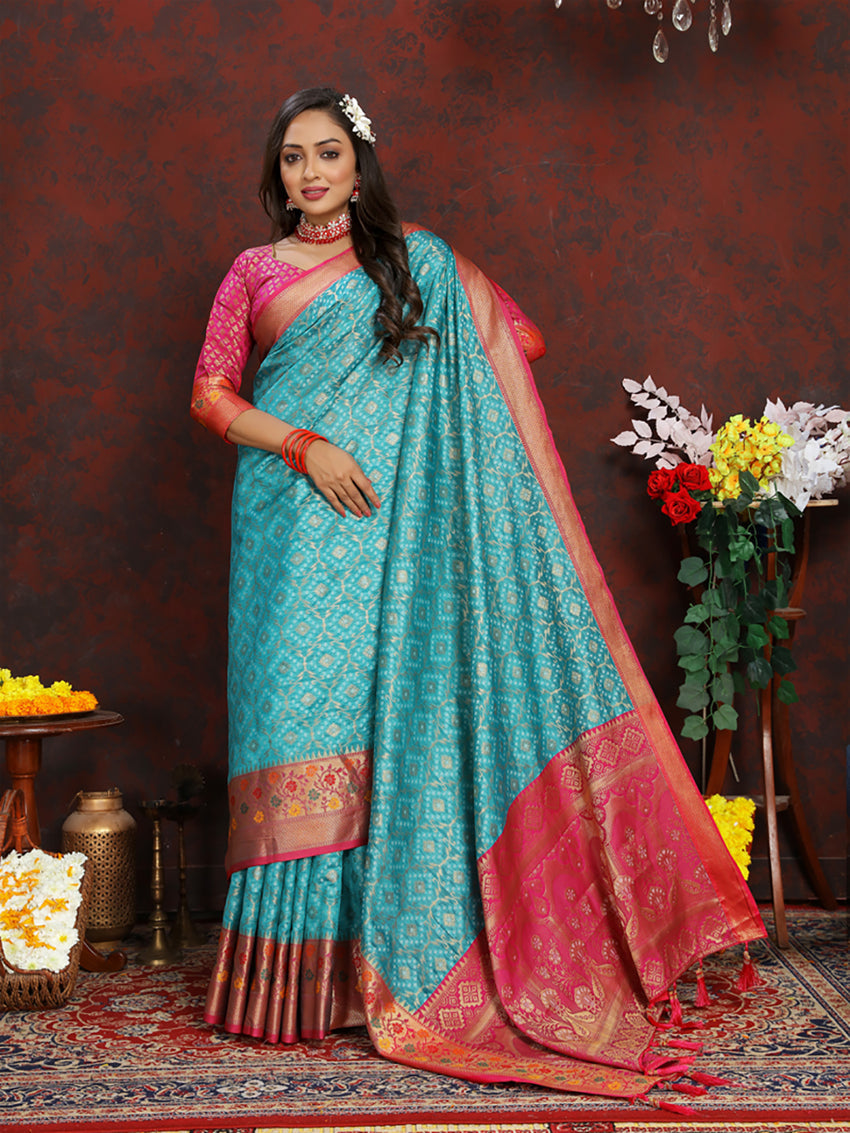 Lorenvalley Fashion Firozi Organza Silk Woven Design with Rich Meenakari Weaving Pallu Saree