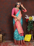 Lorenvalley Fashion Firozi Organza Silk Woven Design with Rich Meenakari Weaving Pallu Saree