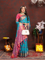 Lorenvalley Fashion Firozi Patola Silk Woven Design with Zari Meenakari Weaving motifs motifs Pallu Saree