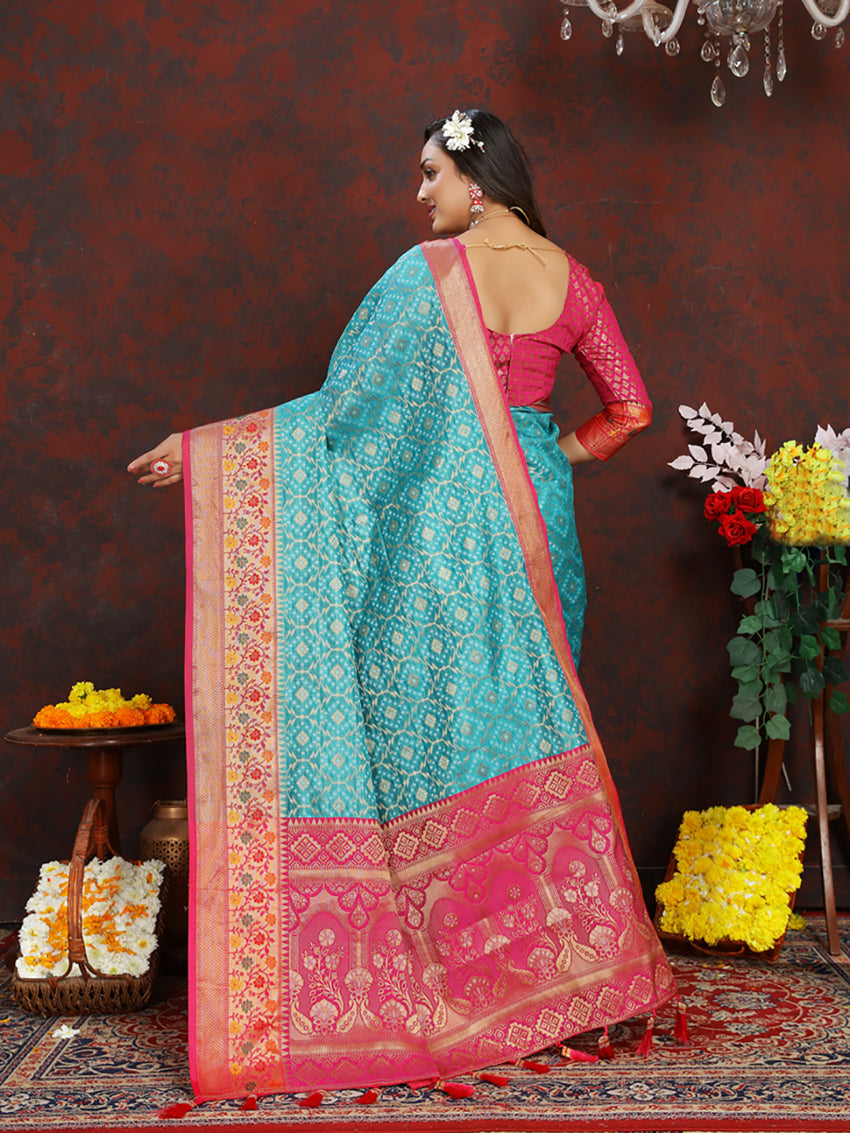 Lorenvalley Fashion Firozi Organza Silk Woven Design with Rich Meenakari Weaving Pallu Saree